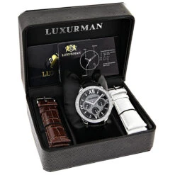 Luxurman Liberty Men's Diamond Watch Black Dial Swiss MVT Leather Band 3ct -Urban Jewels Shop watches luxurman liberty mens diamond watch black dial swiss mvt leather band 3ct box