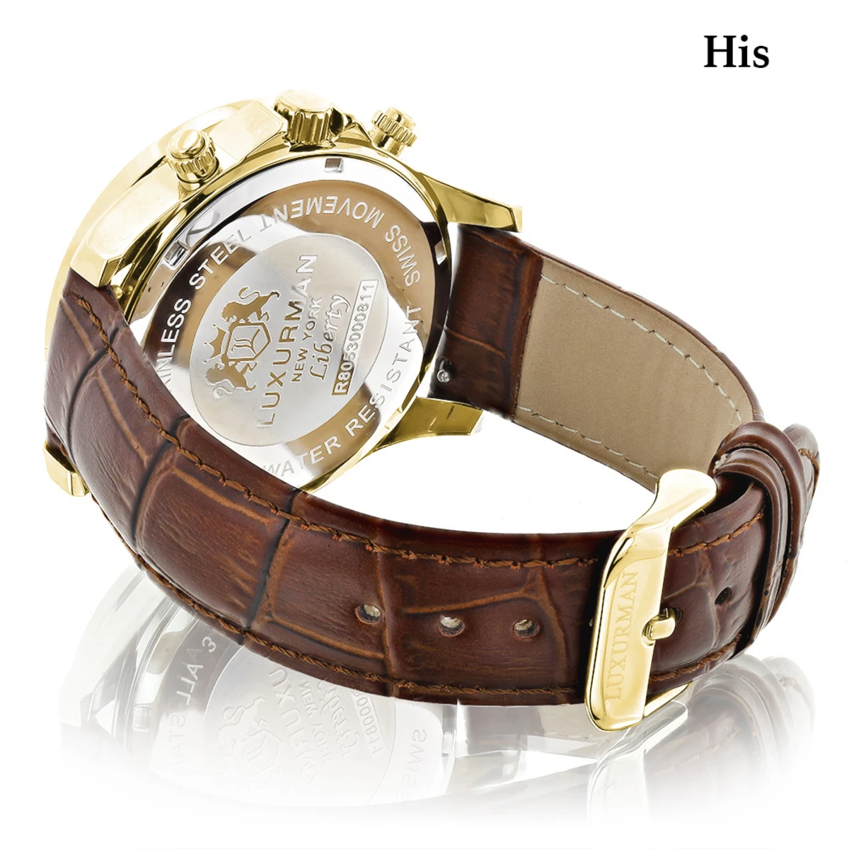 Luxurman Matching His & Hers Yellow Gold Plated Diamond Watch Set With Leather Band 2 Luxurman Matching His & Hers Yellow Gold Plated Diamond Watch Set With Leather Band - Image 2