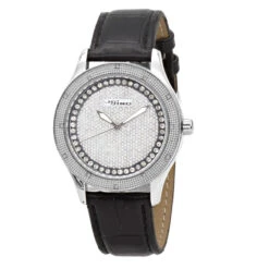White JoJino Diamond Watch For Women Black Leather Band 0.12ct Iced Out Dial