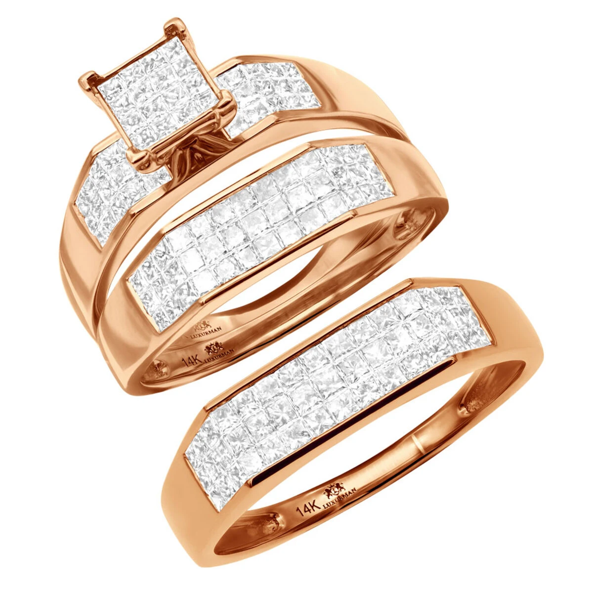 Princess Cut Diamond 14K Yellow Gold Trio Set 2.53ct 3 Princess Cut Diamond 14K Yellow Gold Trio Set 2.53ct - Image 3