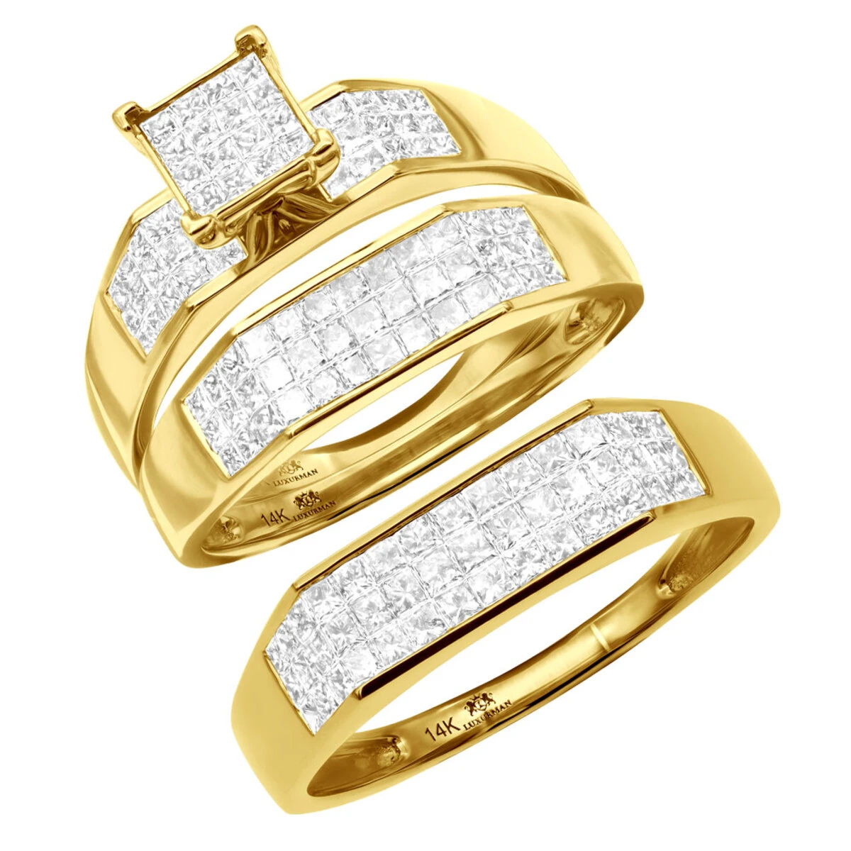 Princess Cut Diamond 14K Yellow Gold Trio Set 2.53ct 1 Princess Cut Diamond 14K Yellow Gold Trio Set 2.53ct