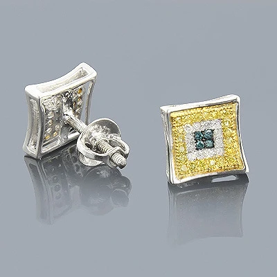 White Blue Yellow Diamond Earrings 0.35 Sterling Silver 1 White Blue Yellow Diamond Earrings 0.35 Sterling Silver