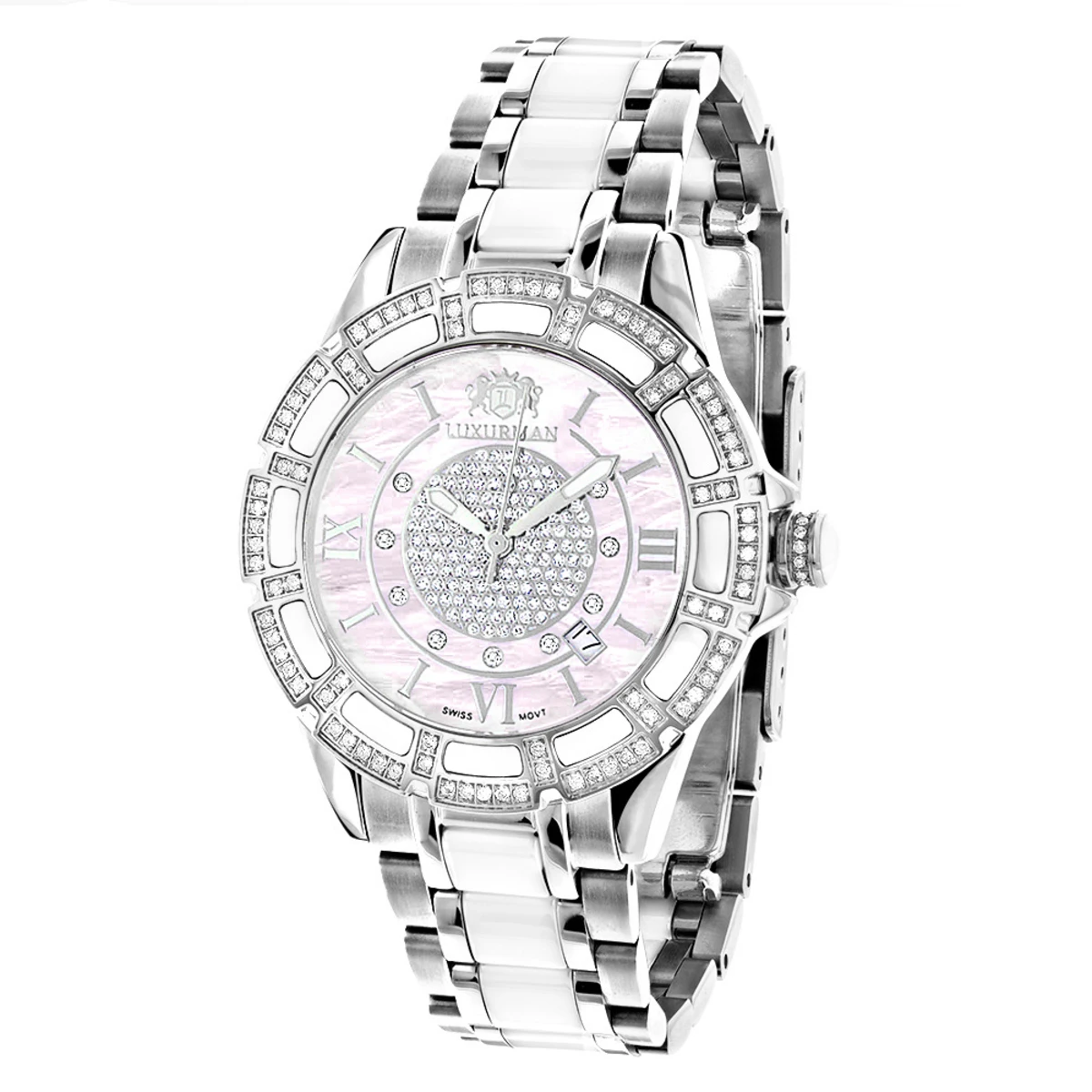 White Ceramic Women's Diamond Watch 1.25ct Pink MOP Luxurman Galaxy 1 White Ceramic Women's Diamond Watch 1.25ct Pink MOP Luxurman Galaxy