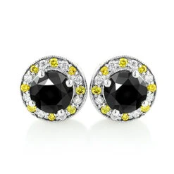 White Yellow And Black Diamond Stud Earrings 2.20ct 14K White Gold