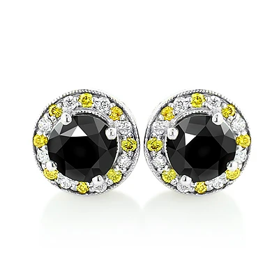 White Yellow And Black Diamond Stud Earrings 2.20ct 14K White Gold 1 White Yellow And Black Diamond Stud Earrings 2.20ct 14K White Gold