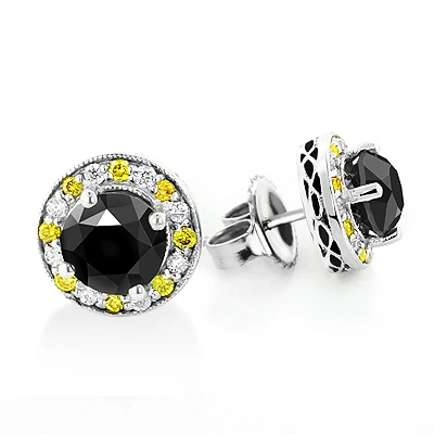 White Yellow And Black Diamond Stud Earrings 2.20ct 14K White Gold 2 White Yellow And Black Diamond Stud Earrings 2.20ct 14K White Gold - Image 2