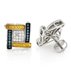 White Yellow Blue Diamond Earrings 0.5ct 10K White Gold