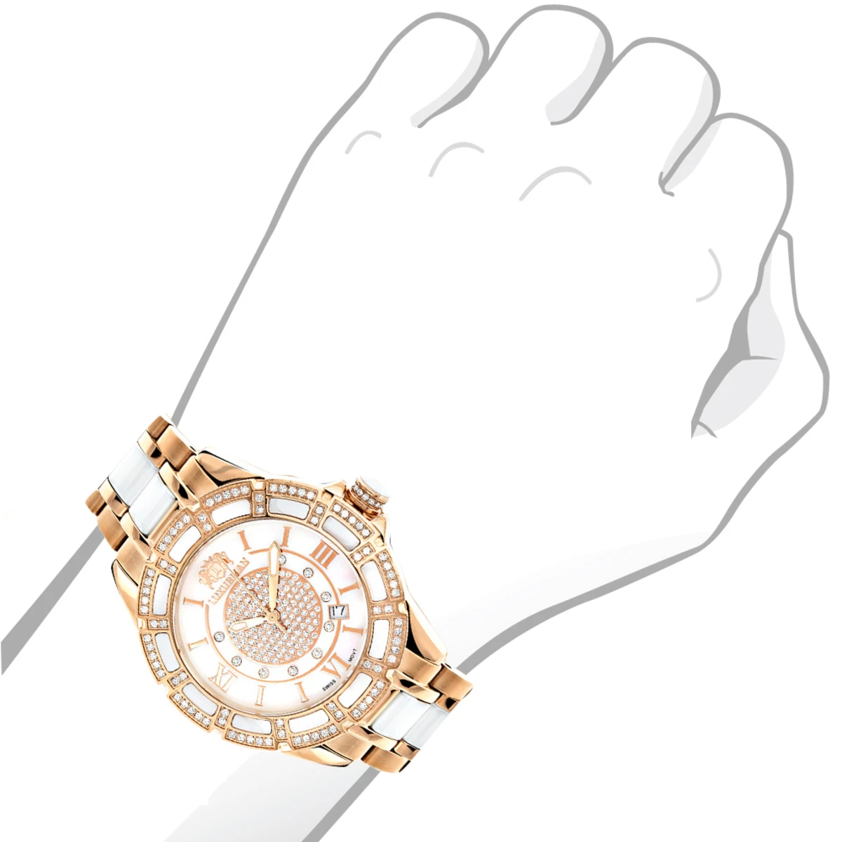 Women's Ceramic Rose Gold Diamond Two Tone White MOP Luxurman Galaxy 3 Women's Ceramic Rose Gold Diamond Two Tone White MOP Luxurman Galaxy - Image 3