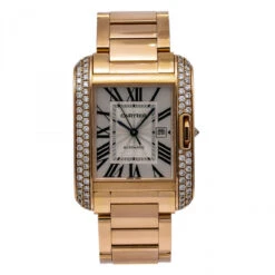 Women's Diamond Watch Cartier Tank Anglaise 18K Gold 30mm Silver Tone Dial