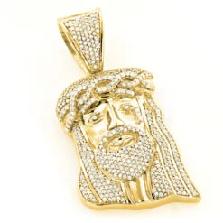 Yellow Gold Plated Diamond Jesus Head Pendant In Sterling Silver 1ct